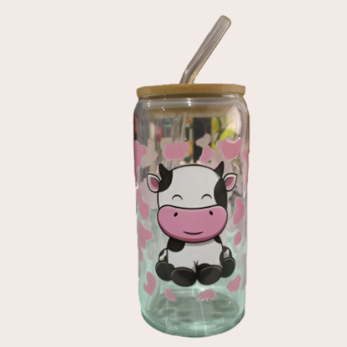 Pink Cow Print & Cow Glass Can